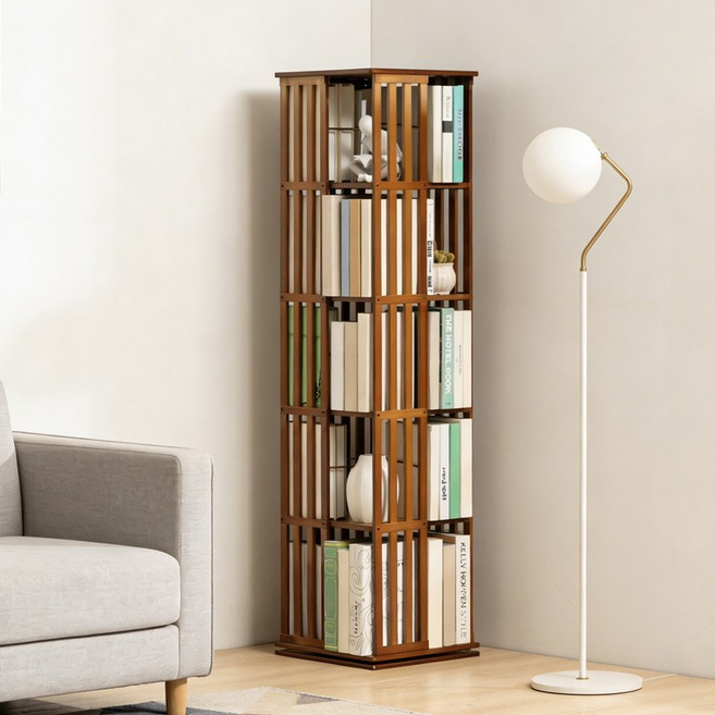 쿠리브 원목색 회전 책장 360도 대용량 거실 서재 다기능 책꽂이 수납장, 5단, 월넛