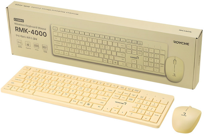 로이체 풀배열 저소음 인체공학 무선 키보드 마우스 세트, RMK-4000, 레몬 옐로우, 일반형