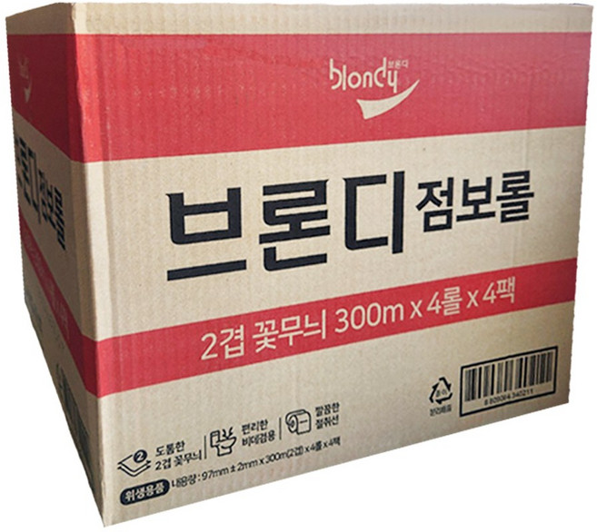 브론디 점보롤 2겹 꽃무늬 300m, 4롤, 4개