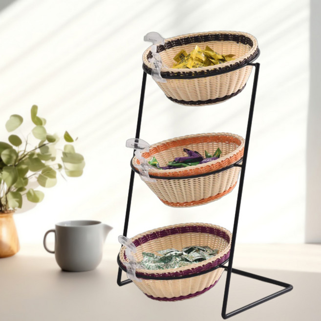 3단 다용도 바구니 원형바스켓 사탕 과자 야채 과일 디저트 진열 수납, 1세트, 투톤