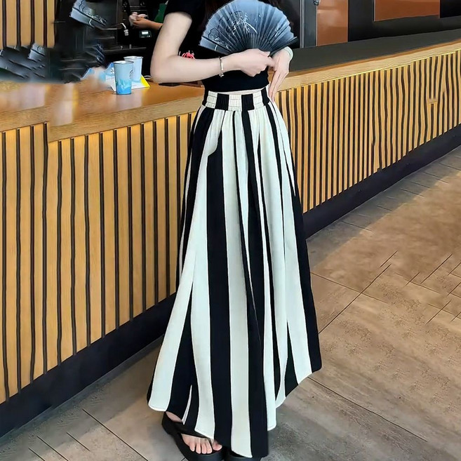 法式冰絲條紋高腰A字半身裙褲 顯瘦大碼闊腿裙 - 夏季新款
