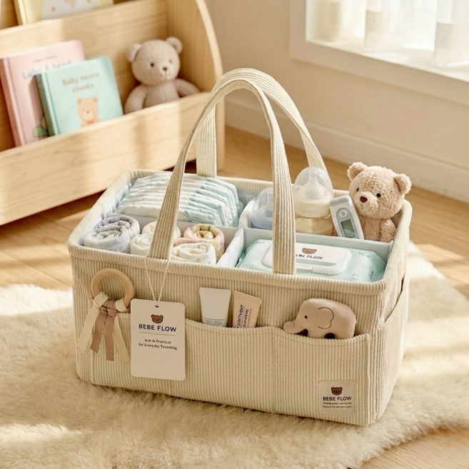 기저귀 바구니 정리함 장난감 인형 소품 수납함 코듀로이 1종, 아이보리