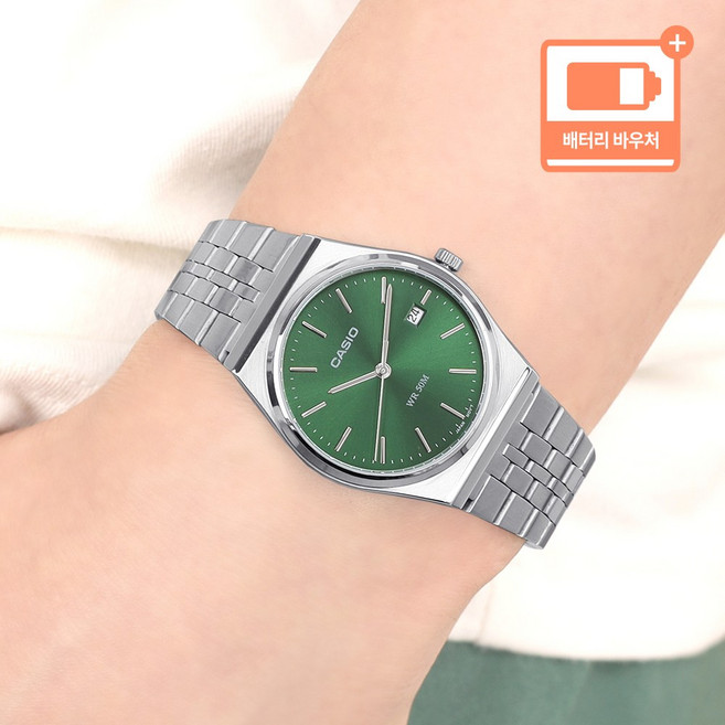 카시오 레트로 빈티지 라운드 날짜표시 정장 남자 메탈 시계 + 배터리 바우처