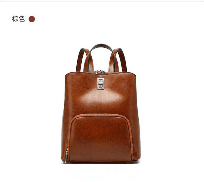 頭層牛皮時尚簡約通勤後背包, 棕