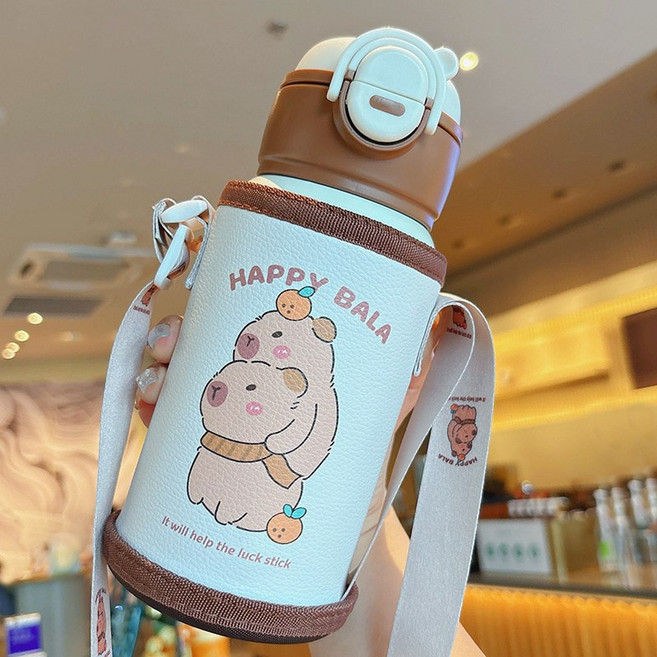 新款拉布布卡通雙飲兒童食品級不鏽鋼保溫杯帶杯套便攜水杯, 1個, 白色-卡皮巴拉 500Ml