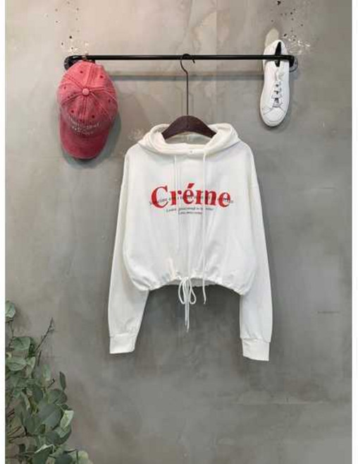 씨샵인더룸 / 크림 레터링 스트링 세미 크롭 긴팔 후드 티셔츠 3color