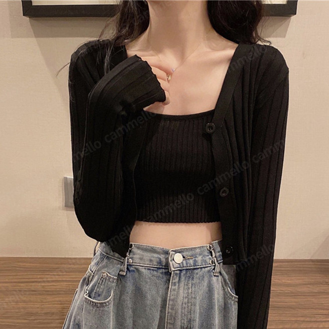 cammello 봄여름 미니멀 골지 크롭 나시 + 가디건 레이어드 세트 데일리룩