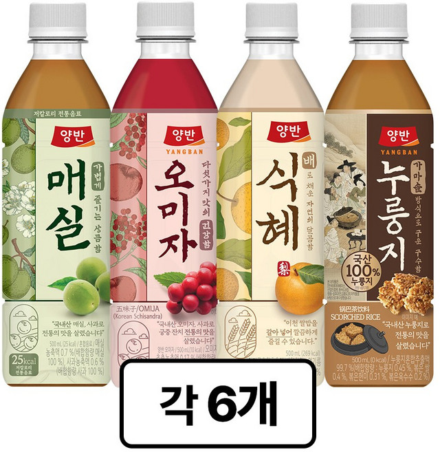 동원 양반 음료 500ml 4종모음 24병 (매실6+오미자6+배식혜6+누룽지차6), 24개