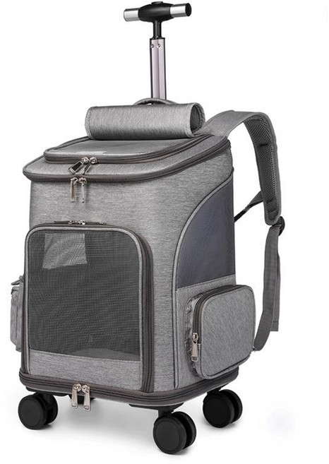 강아지 고양이 이동 가방 백팩 케리어 바퀴 애완동물 트롤리 박스, 1개, 라이트 그레이