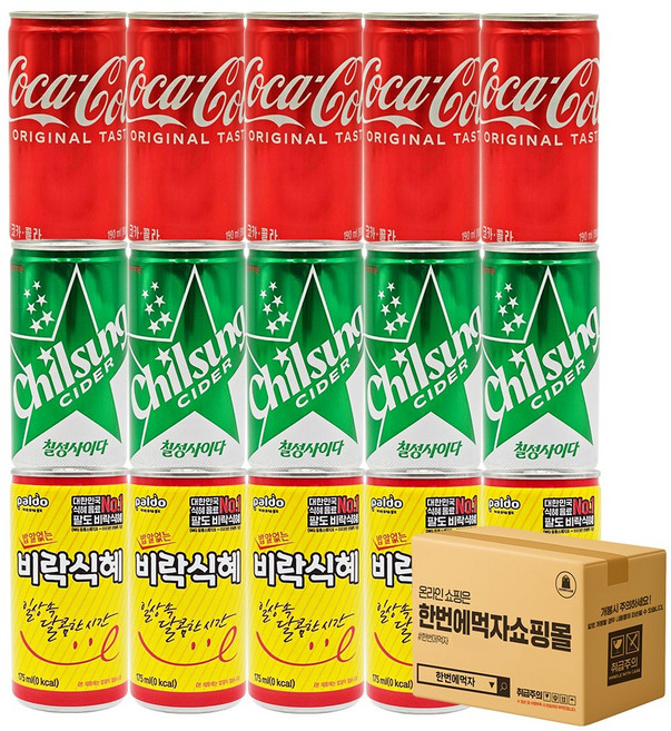 [한번에먹자] 미니캔 탄산음료 혼합세트 / 코카콜라5 + 칠성사이다5 + 밥알없는 비락식혜5 /, 15개, 175ml