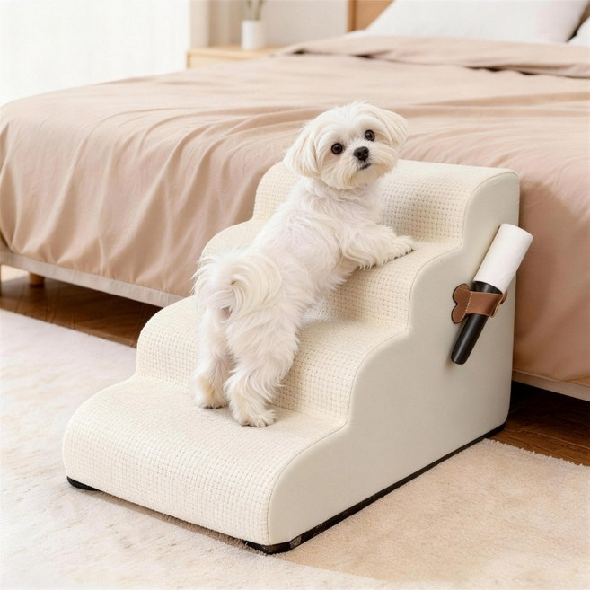 강아지계단 높은 침대용 4단 논슬립 슬개골보호 미끄럼방지 커브 스텝 애견 계단, 1개, 화이트