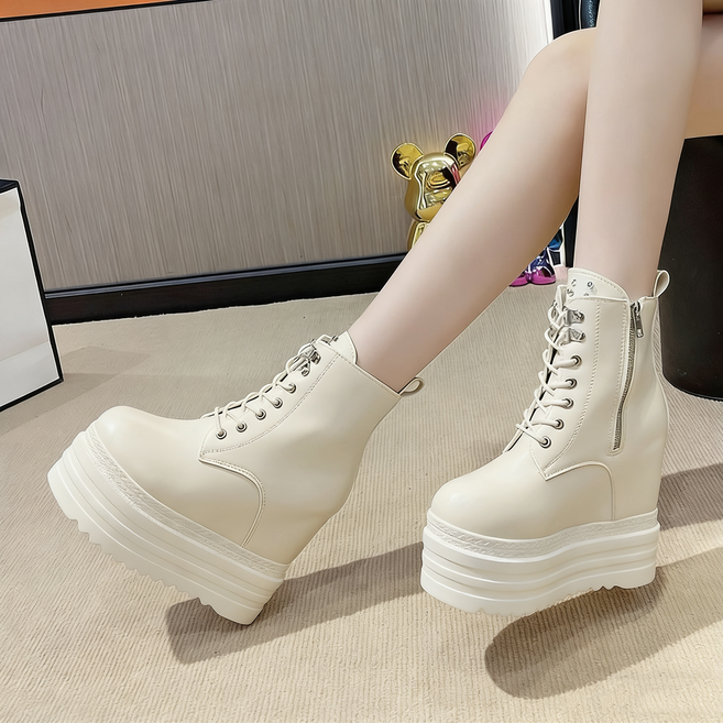 별후이 여성용 키높이12cm 앵클 부츠 높이다통굽 레이스업 측변 집업 워커 부츠11dgfh11LL