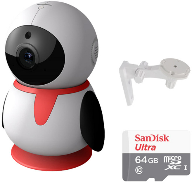 펭카(PE204) 200만화소 가정용 CCTV 홈 IP네트워크 회전형 카메라 베이비 아기모니터 홈캠 스마트폰 감시 돌봄CCTV 돌보미CCTV, 펭카(PE204)+SD카드 64GB+벽브라켓, 1개