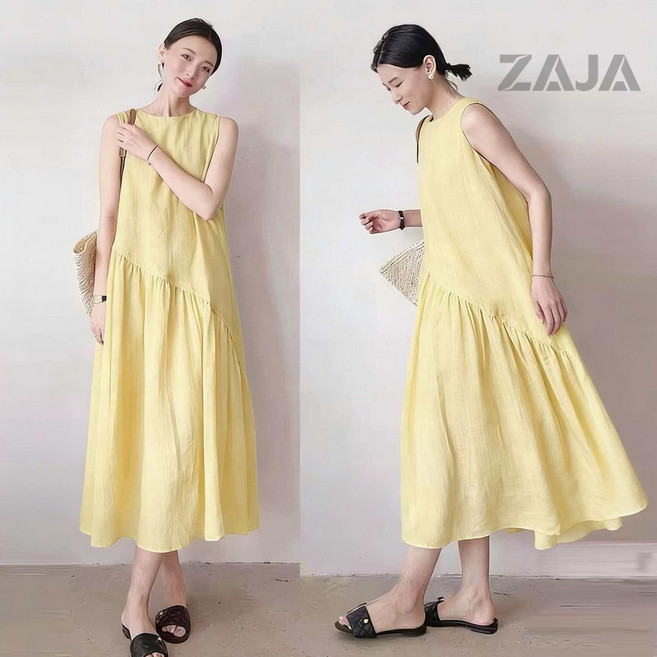 ZAJA 여성 여름 루즈핏 롱 원피스 민소매 린넨 데일리 바캉스룩