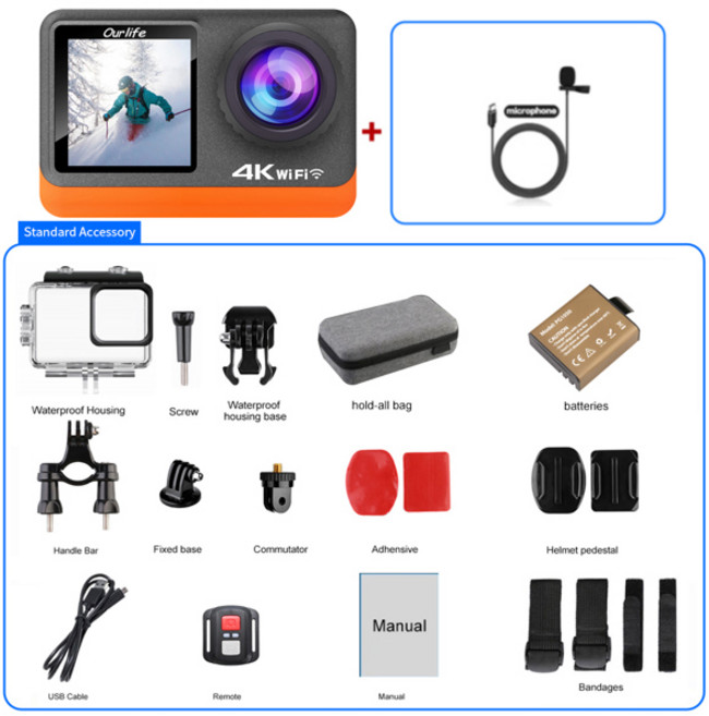 아워라이프 4K60FPS 액션 터치 필터 카메라 EIS FI WI 30M 4배 스크린 6개 웹캠 170D IPS 헬멧 24MP 옵션 방수, With 64G Card, MTR80 With c