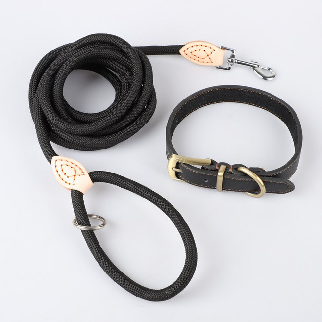 모즈펫 강아지 가죽목줄+리드줄, 1세트, 베이직 블랙