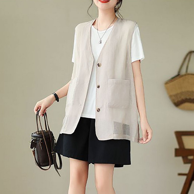 ORZQU 여름 여성 브이넥 얇은 자외선 차단 조끼 루즈핏 솔리드 미디 나시 아우터