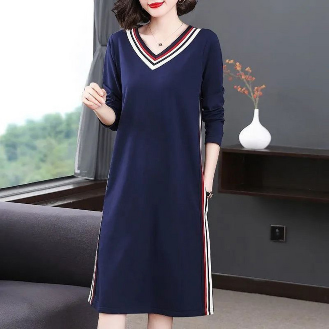 중년 여성 긴팔 원피스 봄 가을 루즈핏 슬림핏 스커트 엄마 캐주얼 빅사이즈 브이넥 원피스 LJX