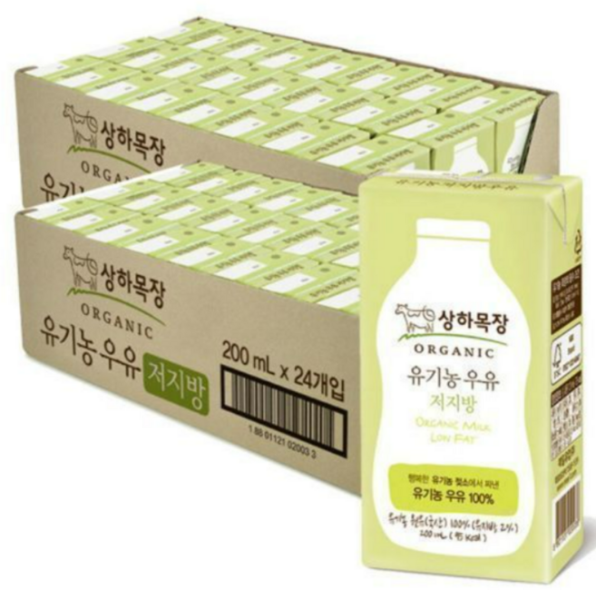 상하목장 유기농 저지방 멸균우유 200ml 24팩x2박스, 48팩