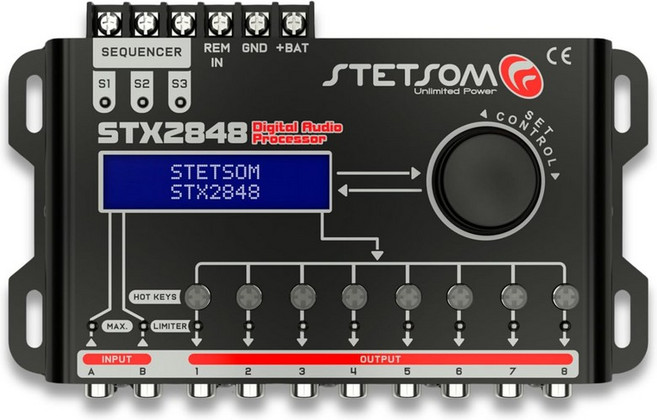 Stetsom STX 2848 PRO - DSP 크로스오버 및 이퀄라이저 8채널 풀 디지털 신호 프로세서시퀀서 2.8 오디오 프로세서 리미터 시퀀서 2개의 RCA 입력