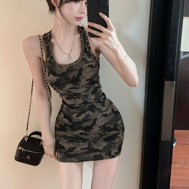 迷彩背心連身短裙 性感修身包臀裙