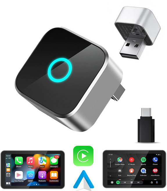 Allilio 미니 무선 스마트 자동차 어댑터 애플 안드로이드 오토 2 in 1 무선 카플레이 미러링 동글, 실버