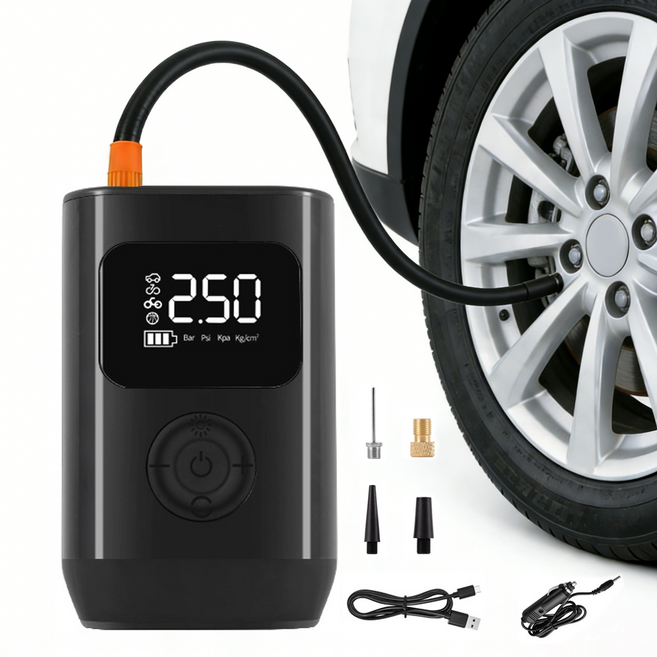 PYHO 무선 휴대용 셀프 타이어 공기압 주입기 3000mAh 다용도 LED 비상등, 블랙, 1개