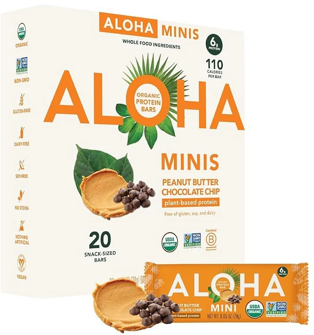 알로하 유기농 식물성 단백질 바 미니스 | 초콜릿 칩 쿠키 도우 20 카운트 24g 비건 저설탕 글루텐 프리 팔레오 저탄수화물 비GMO 스테비아 대두 무설탕 알코올, Peanut Butter Chocolate Chip, 1개 - 쿠팡