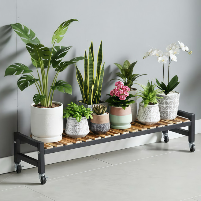디원리빙 이동식 프리미엄 철제프레임 계단식 화분 정리 선반대, 블랙 100cm, 1단