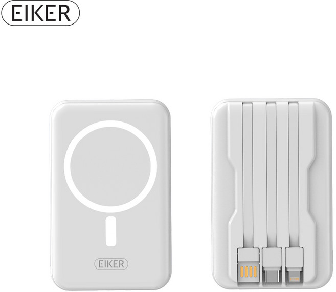 EIKER 맥세이프 마그네틱 유무선 겸용 미니 일체형보조배터리 10000mAh 4 color, 화이트