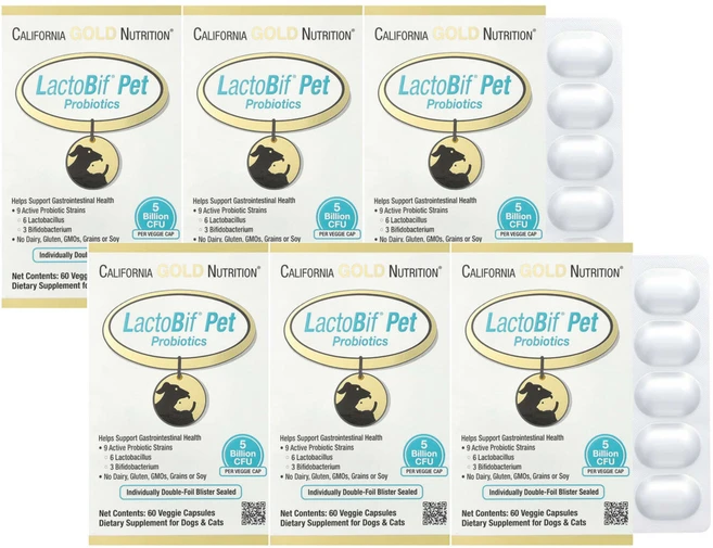 캘리포니아골드뉴트리션 LactoBif 개 고양이 50억 프로바이오틱스 60캡슐 6팩, 1개 - 쿠팡
