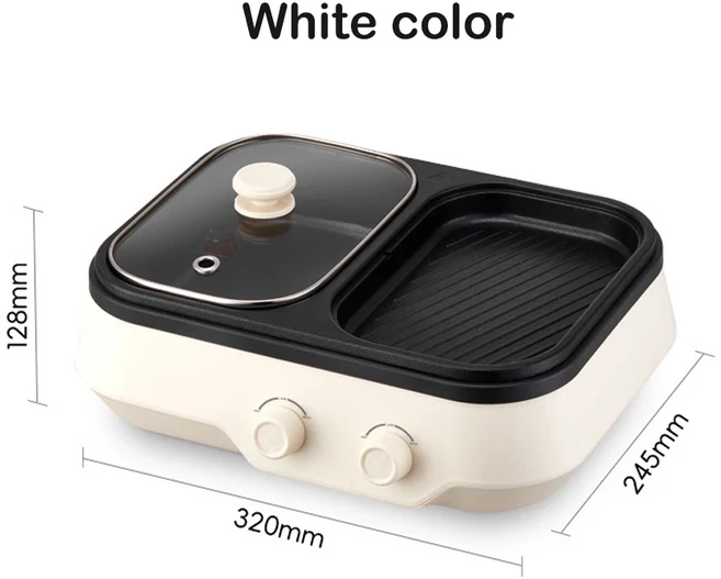 쿠쿠스토어 2in 1 다기능 요리 냄비 샤브샤브 전기 핫팟 논스틱 프라이팬 무연 바베큐 그릴 아침 식사 1300, 03 AU, 02 White