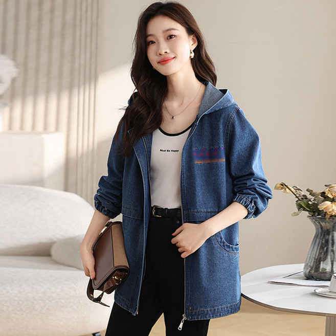 여성 봄가을 자수 카고 데님 청 후드 집업 자켓 점퍼 빅사이즈 트렌치코트