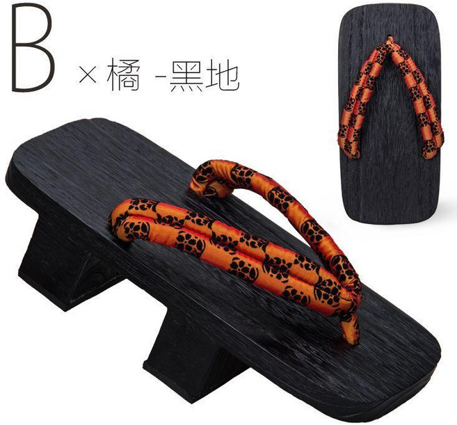 中式實木桐木拖鞋 防滑二齒木屐 古風外穿休閒個性人字拖, B-橘-黑地,27CM（43-44碼）