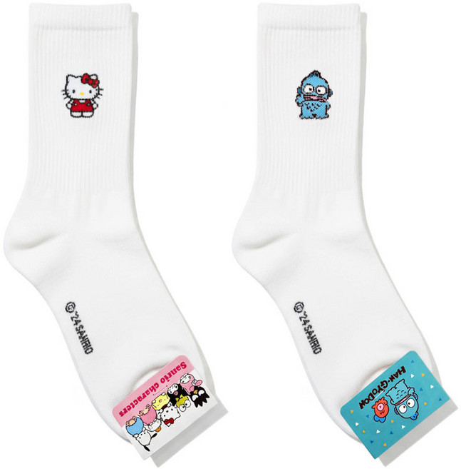 국내 생산 산리오 정품 라이센스 여성 중목 흰색 골지 중목 양말 세트