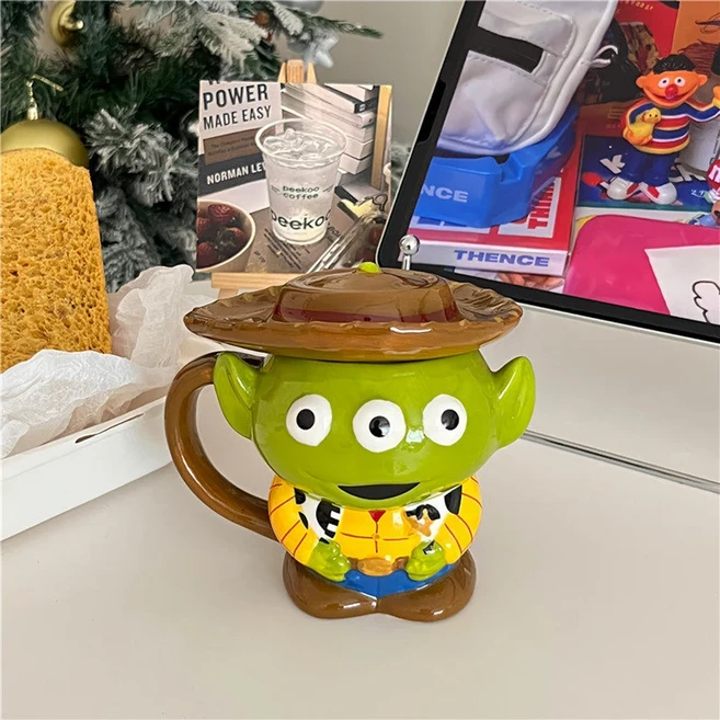 쿠쿠스토어 토이 스토리 에일리언 모양 세라믹 머그컵 컬러풀 뚜껑 독특하고 귀여운 심플한 만화 스타일 가, 01 201-300ml, 01 녹색