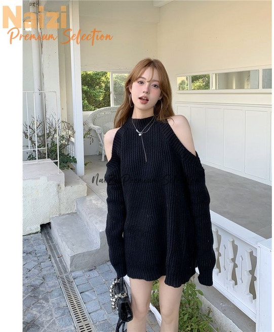 針織洋裝 韓版氣質歐尼針織寬鬆顯瘦毛衣 女 秋冬素面內搭連衣裙 中長款, 黑色,均碼