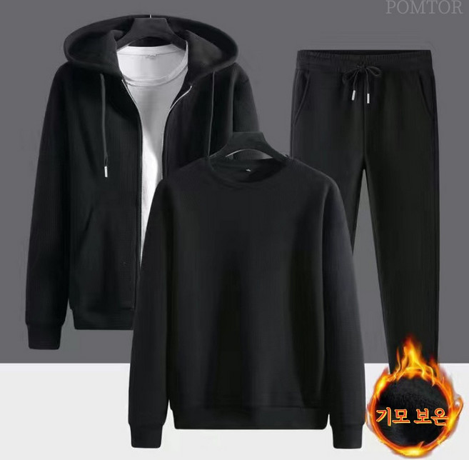 POMTOR 가을겨울 1+1+1 남성용 기모 캐주얼 3세트 트레이닝복 빅사이즈 루즈핏 맨투맨 +자켓 +긴바지 보온 세트