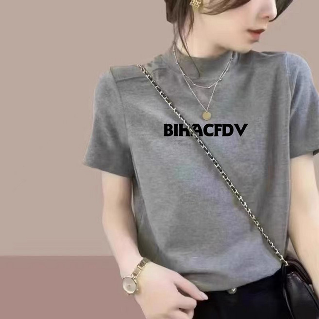 여성 반팔 반폴라티 빅사이즈 순면 슬림핏 프린트 반팔 티셔츠 데일리 여름 여자 반목 반팔티 YJW