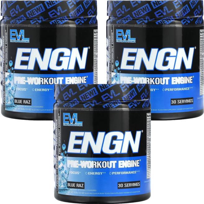 EVLUTIONNUTRITION ENGN 프리-워크아웃 엔진 블루 라즈 맛, 3개, 312g