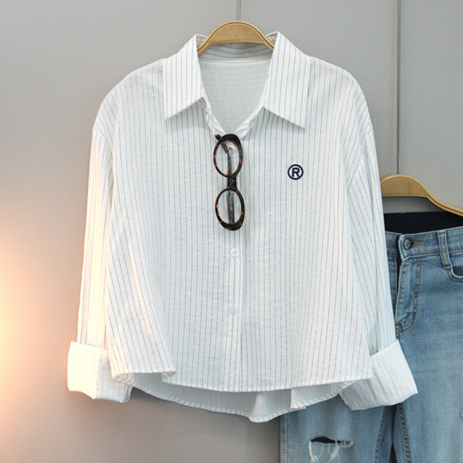 달콩 여성 카라셔츠 봄신상 R자수스트라이프크롭셔츠