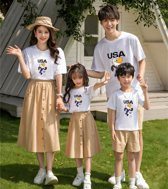 FONOW 여름 2026 월드컵 남자 여자용 응원복 순면 루즈핏 홈웨어 캐릭터 마스코트 프린트 반팔티