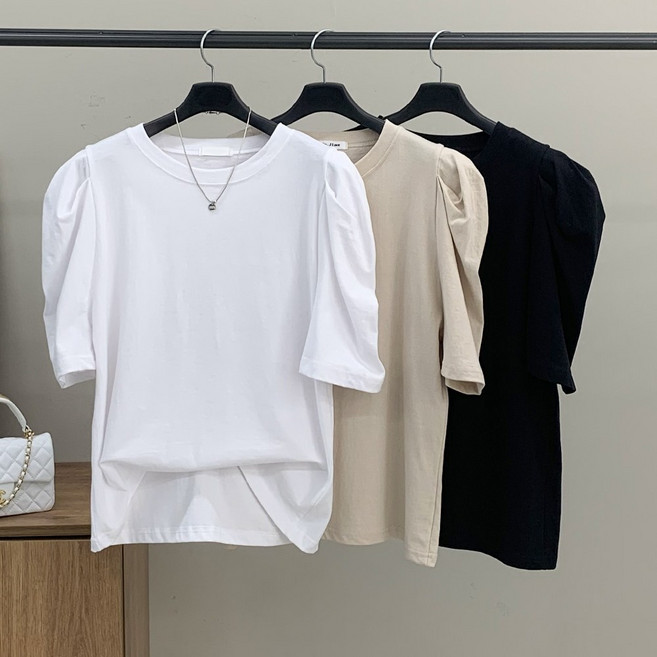 행복여 로앤 벌룬 퍼프 소매 라운드 반팔 티셔츠