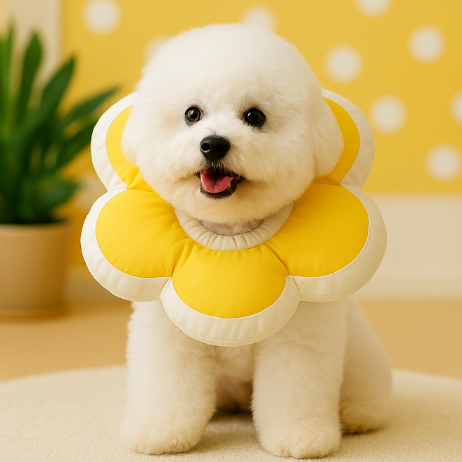 드림베이스 강아지 고양이 넥카라 수술 보호대 부드러운 솜쿠션, 노랑꽃, 1개