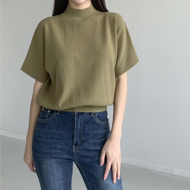 행복여 크림즈 루즈핏 소프트 반목 반팔 니트