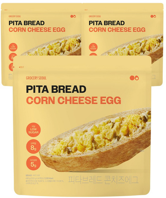 그로서리서울 피타브레드 콘치즈에그 480g 3봉(12개입) 든든한 식사 대용, 3개