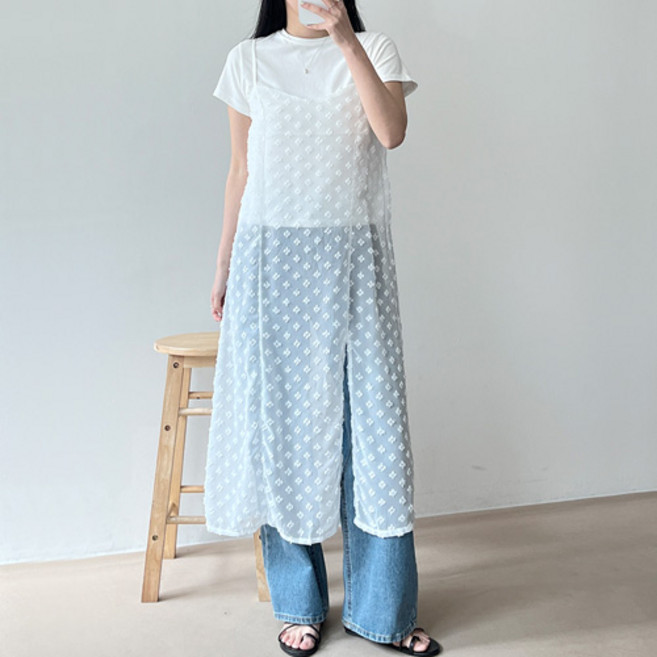 걸즈팩토리 여성용 슬림콘 끈나시 레이어드 시스루 랩스커트 망사레이스 롱원피스