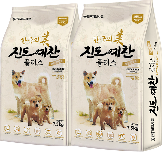진도예찬 플러스 강아지 진돗개 대형견 대용량 건식 사료, 7.5kg, 2개, 오리