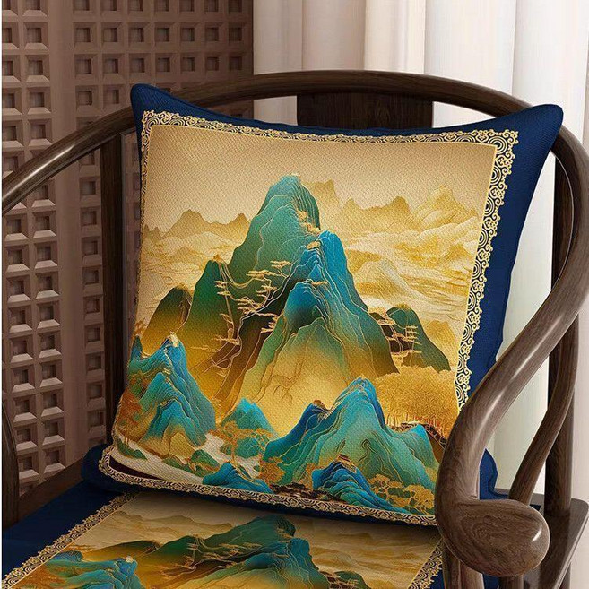 中式靠山抱枕沙發千里江山圖藍色靠枕靠墊 副廠商品, 親膚軟軟-1 雙面圖案 , 限時價 35x35cm  毛絨單枕套