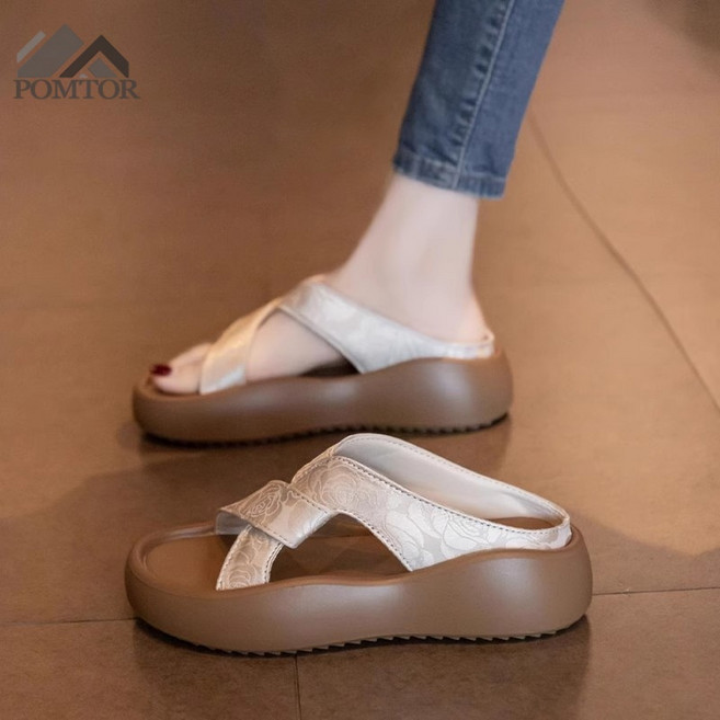 POMTOR 여성용 여름 발편한 통굽 샌들 통굽슬리퍼 휴양지슬리퍼 5cm